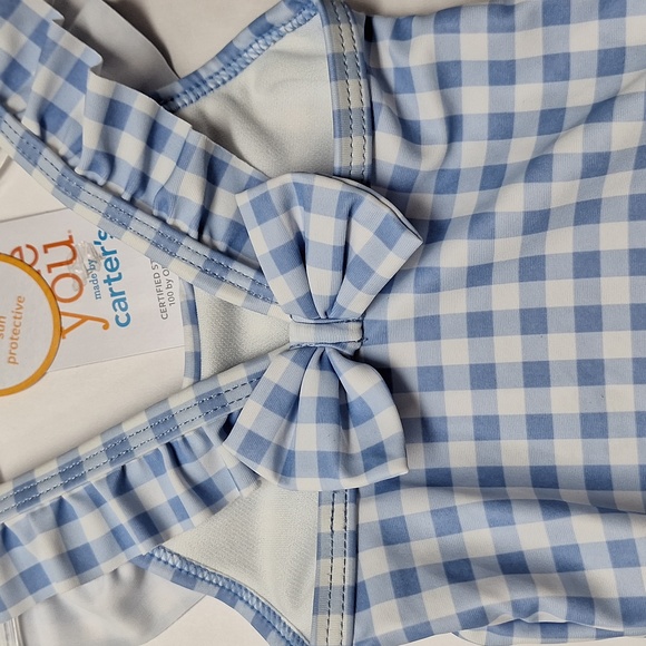 New! Carter's Baby Girl One Piece Swimsuit Blue Gingham Plaid Ruffle Bow - Picture 7 of 7